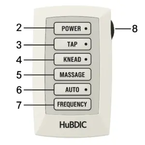 نمای جلوی دستگاه تنس فیزیوتراپی دو کاناله هابدیک HuBDIC مدل HMB-100 شامل دکمههای POWER، TAP، KNEAD، MASSAGE، AUTO و FREQUENCY به همراه پیچ تنظیم شدت (INTENSITY Dial) در سمت راست دستگاه