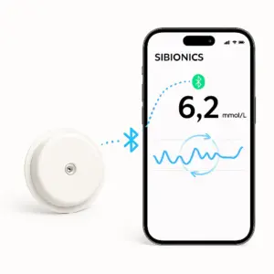 نمایش همگامسازی لحظهای Real-Time Sync بین سنسور سیبیونیکس SIBIONICS GS1 CGM و گوشی از طریق بلوتوث کممصرف BLE | فروشگاه تجهیزات پزشکی کیهان طب k-teb.com