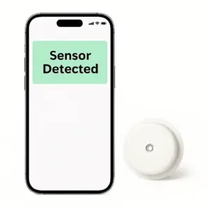 نمایش پیام Sensor Detected در اپلیکیشن دستگاه تست قند خون مداوم سیبیونیکس SIBIONICS GS1 CGM بههمراه ماکت سنسور | فروشگاه تجهیزات پزشکی کیهان طب k-teb.com