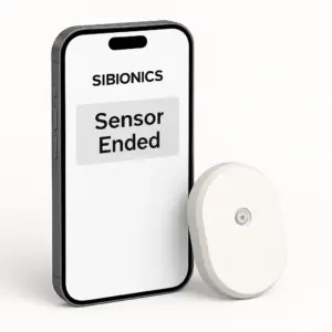 نمای ایزومتریک پیام Sensor Ended در اپلیکیشن SIBIONICS GS1 CGM همراه با ماکت پلاستیکی سنسور | فروشگاه تجهیزات پزشکی کیهان طب k-teb.com